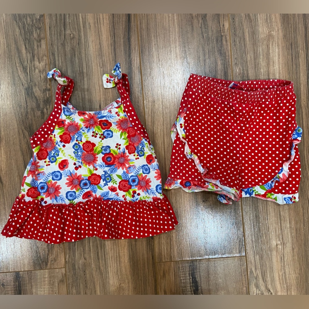 Size 4T Jumping Fences Red Polkadot & Blue Floral Tank With Matching Shorts